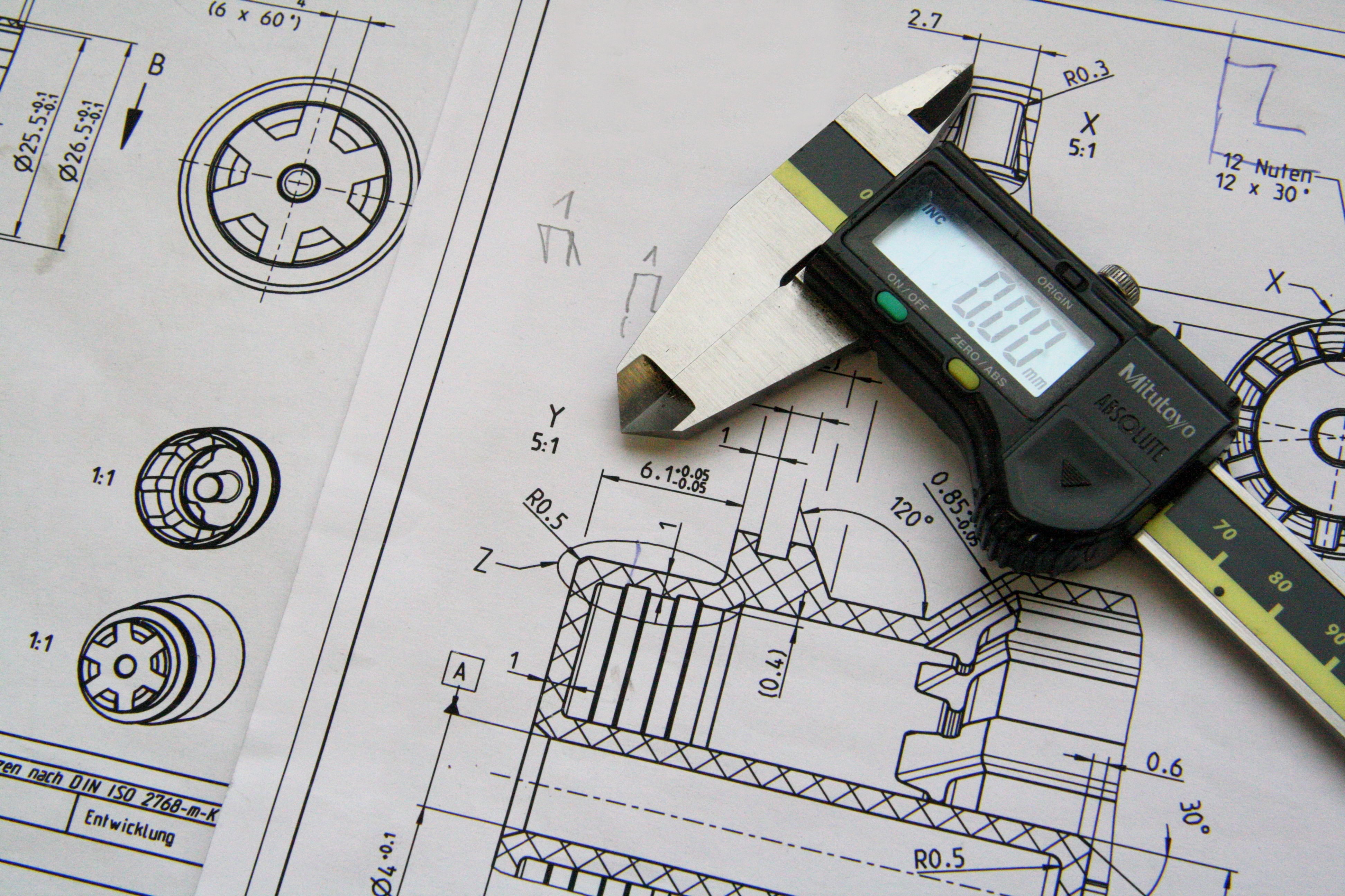 Engineering drawing with calipers on top